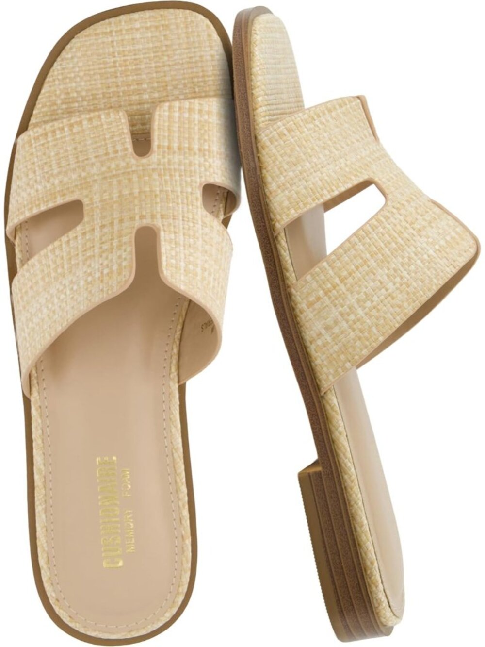 Women's Raffia Memory Foam Vegan Leather Cutout Strap Slides Slip On Flat Shoes